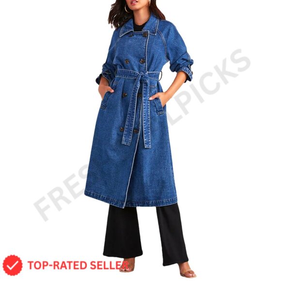 Denim Trench Coat Double Breasted Over Knee Lapel Jacket Classic Elegant
